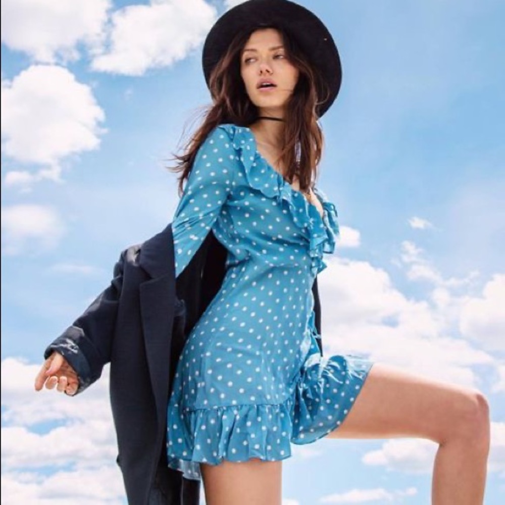 Realisation Par Alexandra Dusty Blue Polka Dot Dress XS MSRP $195